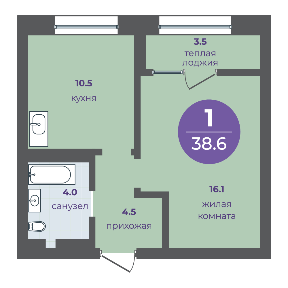 Планировка 1-ком. №349, Перемены, Дом №3